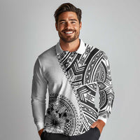 Hibiscus With White Austronesian Tattoo Pattern Long Sleeve Polo Shirt LT05 - Polynesian Pride