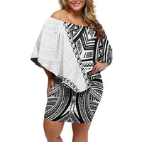 Hibiscus With White Austronesian Tattoo Pattern Off Shoulder Short Dress - Polynesian Pride