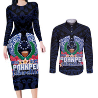 Happy Pohnpei Liberation Day Couples Matching Long Sleeve Bodycon Dress and Long Sleeve Button Shirt Polynesian Shark Turtle Motif
