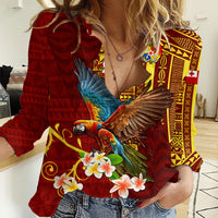 Personalized Tonga Eua Women Casual Shirt Maroon Shining Parrot Coat Of Arms With Ngatu Pattern LT05 Female Red - Polynesian Pride