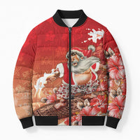 Hawaii Funny Christmas Bomber Puffer Jacket Santa Surfing With Tapa Pattern - Polynesian Pride