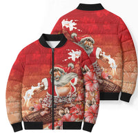 Hawaii Funny Christmas Bomber Puffer Jacket Santa Surfing With Tapa Pattern - Polynesian Pride