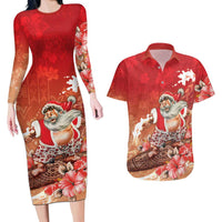 Hawaii Funny Christmas Couples Matching Long Sleeve Bodycon Dress and Hawaiian Shirt Santa Surfing With Tapa Pattern - Polynesian Pride
