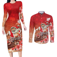 Hawaii Funny Christmas Couples Matching Long Sleeve Bodycon Dress and Long Sleeve Button Shirt Santa Surfing With Tapa Pattern - Polynesian Pride