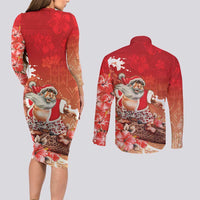 Hawaii Funny Christmas Couples Matching Long Sleeve Bodycon Dress and Long Sleeve Button Shirt Santa Surfing With Tapa Pattern - Polynesian Pride