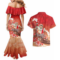 Hawaii Funny Christmas Couples Matching Mermaid Dress and Hawaiian Shirt Santa Surfing With Tapa Pattern - Polynesian Pride