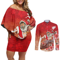 Hawaii Funny Christmas Couples Matching Off Shoulder Short Dress and Long Sleeve Button Shirt Santa Surfing With Tapa Pattern - Polynesian Pride