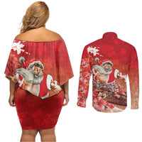 Hawaii Funny Christmas Couples Matching Off Shoulder Short Dress and Long Sleeve Button Shirt Santa Surfing With Tapa Pattern - Polynesian Pride