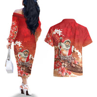 Hawaii Funny Christmas Couples Matching Off The Shoulder Long Sleeve Dress and Hawaiian Shirt Santa Surfing With Tapa Pattern - Polynesian Pride