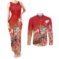 Hawaii Funny Christmas Couples Matching Tank Maxi Dress and Long Sleeve Button Shirt Santa Surfing With Tapa Pattern - Polynesian Pride