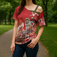 Hawaii Funny Christmas Cross Shoulder Shirt Santa Surfing With Tapa Pattern - Polynesian Pride