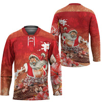 Hawaii Funny Christmas Hockey Jersey Santa Surfing With Tapa Pattern - Polynesian Pride