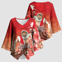 Hawaii Funny Christmas Kimono Sleeve Blouse Santa Surfing With Tapa Pattern - Polynesian Pride