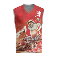 Hawaii Funny Christmas Knitted V-Neck Vest Santa Surfing With Tapa Pattern - Polynesian Pride