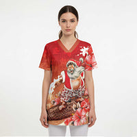 Hawaii Funny Christmas Scrub Top Santa Surfing With Tapa Pattern - Polynesian Pride
