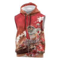 Hawaii Funny Christmas Sleeveless Zip Hoodie Santa Surfing With Tapa Pattern - Polynesian Pride