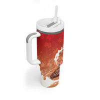 Hawaii Funny Christmas Tumbler With Handle Santa Surfing With Tapa Pattern - Polynesian Pride