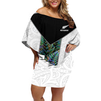 Custom New Zealand Fern Rugby Family Matching Off Shoulder Short Dress and Hawaiian Shirt World Cup 2023 Paua Shell Maori Pattern LT05 Mom's Dress White - Polynesian Pride