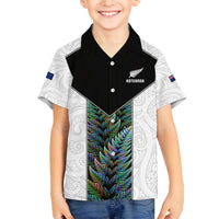 Custom New Zealand Fern Rugby Family Matching Puletasi Dress and Hawaiian Shirt World Cup 2023 Paua Shell Maori Pattern LT05 Son's Shirt White - Polynesian Pride