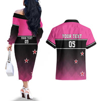 Custom New Zealand Women Cricket Couples Matching Off The Shoulder Long Sleeve Dress and Hawaiian Shirt Pink Simple Style