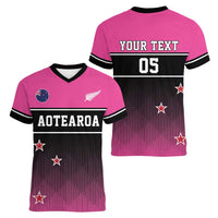 Custom New Zealand Women Cricket Women V-Neck T-Shirt Pink Simple Style