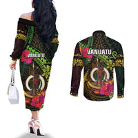 Vanuatu Couples Matching Off The Shoulder Long Sleeve Dress and Long Sleeve Button Shirt Be Strong Pray For Port Vila