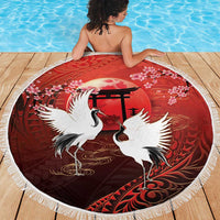 Hawaii and Japan Together Beach Blanket Polynesian Art Tattoo With Cranes And Sakura - Polynesian Pride