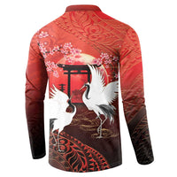 Hawaii and Japan Together Button Sweatshirt Polynesian Art Tattoo With Cranes And Sakura - Polynesian Pride