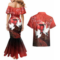 Hawaii and Japan Together Couples Matching Mermaid Dress and Hawaiian Shirt Polynesian Art Tattoo With Cranes And Sakura - Polynesian Pride