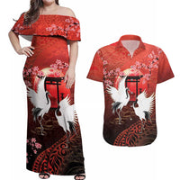 Hawaii and Japan Together Couples Matching Off Shoulder Maxi Dress and Hawaiian Shirt Polynesian Art Tattoo With Cranes And Sakura - Polynesian Pride