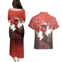 Hawaii and Japan Together Couples Matching Puletasi and Hawaiian Shirt Polynesian Art Tattoo With Cranes And Sakura - Polynesian Pride