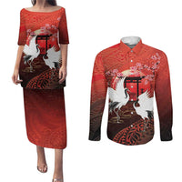 Hawaii and Japan Together Couples Matching Puletasi and Long Sleeve Button Shirt Polynesian Art Tattoo With Cranes And Sakura - Polynesian Pride