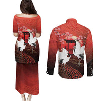 Hawaii and Japan Together Couples Matching Puletasi and Long Sleeve Button Shirt Polynesian Art Tattoo With Cranes And Sakura - Polynesian Pride
