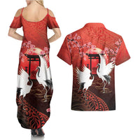 Hawaii and Japan Together Couples Matching Summer Maxi Dress and Hawaiian Shirt Polynesian Art Tattoo With Cranes And Sakura - Polynesian Pride