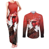Hawaii and Japan Together Couples Matching Tank Maxi Dress and Long Sleeve Button Shirt Polynesian Art Tattoo With Cranes And Sakura - Polynesian Pride