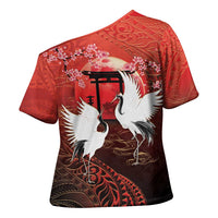 Hawaii and Japan Together Cross Shoulder Shirt Polynesian Art Tattoo With Cranes And Sakura - Polynesian Pride