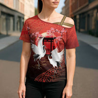 Hawaii and Japan Together Cross Shoulder Shirt Polynesian Art Tattoo With Cranes And Sakura - Polynesian Pride
