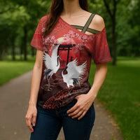 Hawaii and Japan Together Cross Shoulder Shirt Polynesian Art Tattoo With Cranes And Sakura - Polynesian Pride