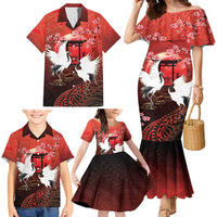 Hawaii and Japan Together Family Matching Mermaid Dress and Hawaiian Shirt Polynesian Art Tattoo With Cranes And Sakura - Polynesian Pride