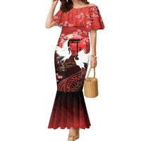 Hawaii and Japan Together Family Matching Mermaid Dress and Hawaiian Shirt Polynesian Art Tattoo With Cranes And Sakura - Polynesian Pride