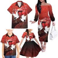 Hawaii and Japan Together Family Matching Off The Shoulder Long Sleeve Dress and Hawaiian Shirt Polynesian Art Tattoo With Cranes And Sakura - Polynesian Pride