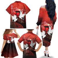 Hawaii and Japan Together Family Matching Off The Shoulder Long Sleeve Dress and Hawaiian Shirt Polynesian Art Tattoo With Cranes And Sakura - Polynesian Pride