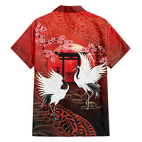 Hawaii and Japan Together Family Matching Off The Shoulder Long Sleeve Dress and Hawaiian Shirt Polynesian Art Tattoo With Cranes And Sakura - Polynesian Pride
