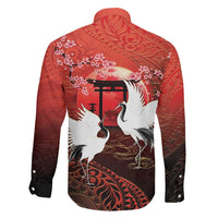 Hawaii and Japan Together Family Matching Off The Shoulder Long Sleeve Dress and Hawaiian Shirt Polynesian Art Tattoo With Cranes And Sakura - Polynesian Pride