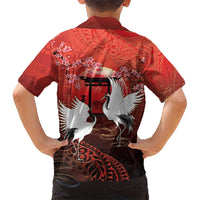 Hawaii and Japan Together Family Matching Off Shoulder Maxi Dress and Hawaiian Shirt Polynesian Art Tattoo With Cranes And Sakura LT05 - Polynesian Pride