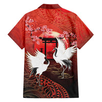 Hawaii and Japan Together Family Matching Off Shoulder Short Dress and Hawaiian Shirt Polynesian Art Tattoo With Cranes And Sakura - Polynesian Pride