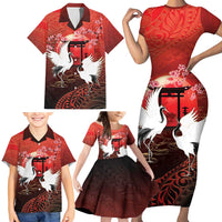 Hawaii and Japan Together Family Matching Short Sleeve Bodycon Dress and Hawaiian Shirt Polynesian Art Tattoo With Cranes And Sakura - Polynesian Pride