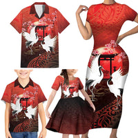 Hawaii and Japan Together Family Matching Short Sleeve Bodycon Dress and Hawaiian Shirt Polynesian Art Tattoo With Cranes And Sakura - Polynesian Pride