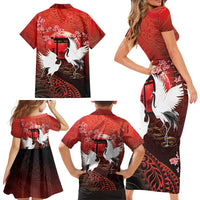 Hawaii and Japan Together Family Matching Short Sleeve Bodycon Dress and Hawaiian Shirt Polynesian Art Tattoo With Cranes And Sakura - Polynesian Pride