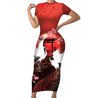Hawaii and Japan Together Family Matching Short Sleeve Bodycon Dress and Hawaiian Shirt Polynesian Art Tattoo With Cranes And Sakura - Polynesian Pride